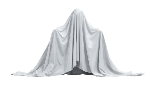 Figure draped in flowing white fabric on white background
