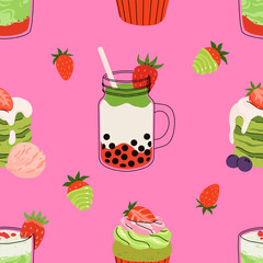 Matcha seamless pattern, cute green tea drinks, boba cups, matcha latte, mochi, macarons and desserts. Kawaii Japanese sweets and beverages vector illustration for cafe, packaging, textile, wallpaper.