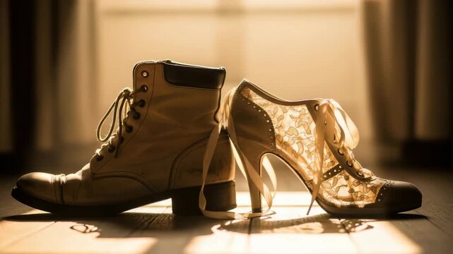 A pair of contrasting shoes, a rugged boot and a delicate lace heel