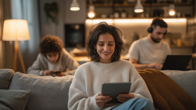 A smiling woman sits on a cozy sofa with a digital tablet, while her husband and son, in a blurred background, work on their devices, depicting a family's addiction to gadgets and social media.