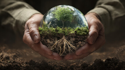 Hands holding glass sphere with tree and roots, concept of environmental protection and sustainable future