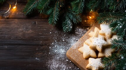 Star shortbread cookies with powdered sugar, fir branches and warm lights on rustic wood, festive Christmas baking background for recipe, greeting card and seasonal advertising