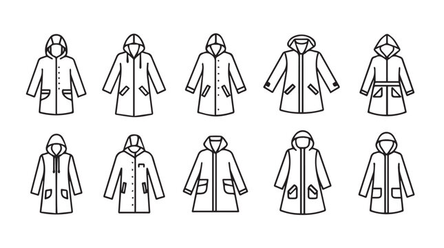 Collection of ten different hooded raincoats and parkas displayed in a clean silhouette style