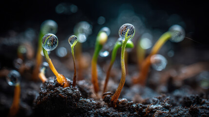 Macro shot of young sprouts with dew drops in dark wet soil, symbol of growth, nature and new life