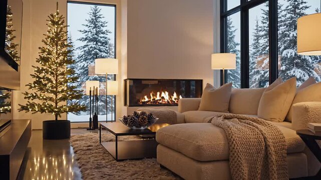 Cozy living room with Christmas tree and fireplace in winter  