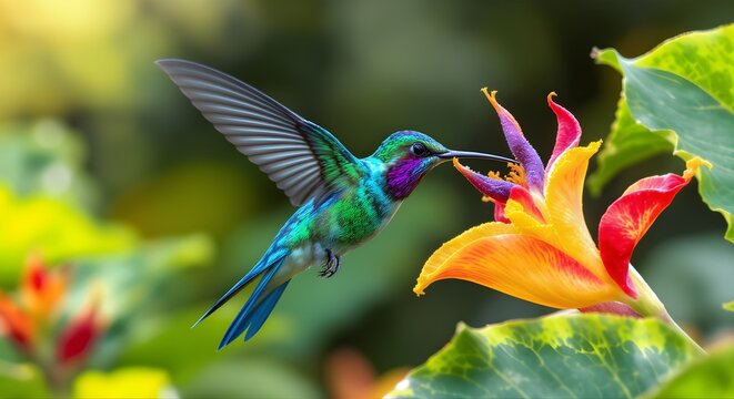 Vibrant close up of colorful hummingbird drinking nectar from tropical flower in sunlight showing wings in motion and nature wildlife beauty photography