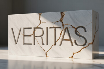 Elegant marble block with 'Veritas' carved out and golden cracks, perfect for luxury branding, philosophical concepts, and high-end decor inspiration