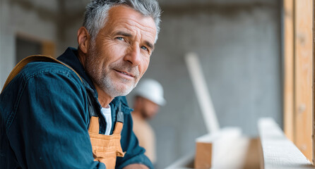 Mature male carpenter wearing denim shirt and brown apron smiling confidently at construction site, natural light, woodwork background