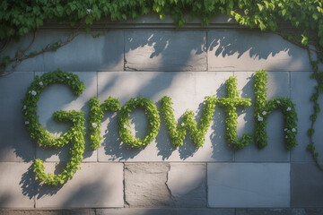 See your business flourish with a stunning design, the word 'Growth' formed from lush green vines on a stone wall, inspirational and perfect for eco-friendly brands