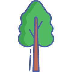 Green Leafy Tree with Brown Trunk and Blue Outline on Transparent Background Simple Flat Illustration