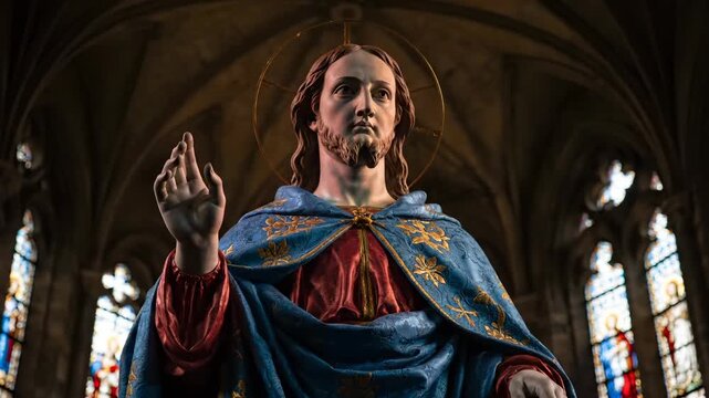 statue portrays christ and jesus inside church. figure holds raised hand in blessing gesture. stainedglass panels frame vaulted arch. light falls across robe. iconography surrounds statue figure.