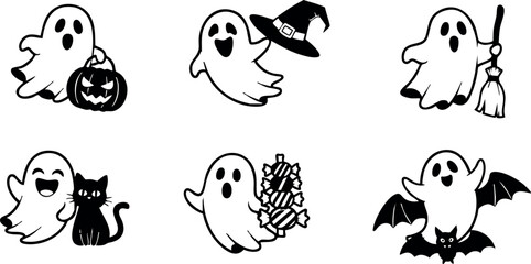 Obraz premium Cute Halloween Ghost Characters with Pumpkin Cat Witch Hat Broom and Bat Vector Illustration 