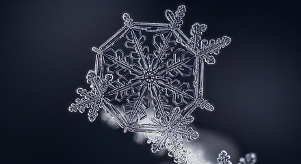 Close-up of a snowflake with intricate details and a dark background, showcasing its unique crystalline structure.