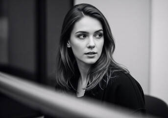 Elegant Black and White Portrait of a Woman Looking Away Indoors