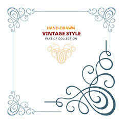 Elegant hand-drawn vintage frame with graceful swirling calligraphic corners and ornate flowing lines. Perfect vector border for invitations, menus, or premium packaging. Part of set.