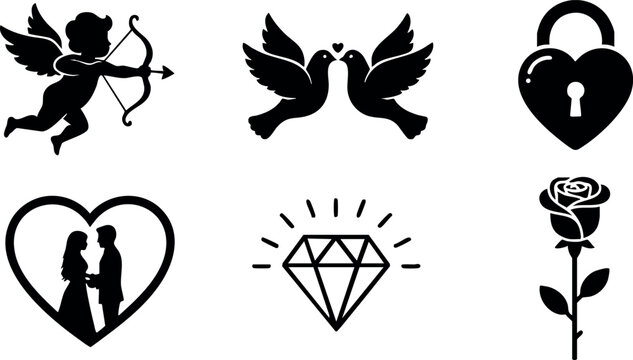Romantic love symbols collection with cupid dove heart lock rose diamond vector icons 