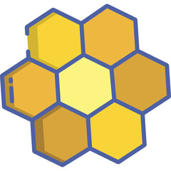 Honeycomb pattern graphic illustration with hexagonal cells in various shades of yellow and gold with blue outlines isolated on white background representing apiary and beekeeping elements