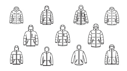 Collection of diverse winter jacket designs presented in a clean minimalist silhouette style for fashion illustration