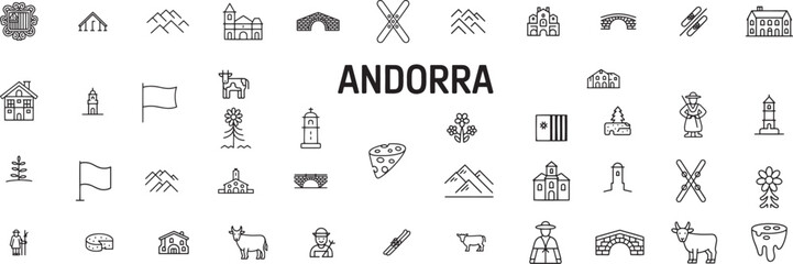 Andorra line icons set pyrenees mountains ski resorts architecture traditional food and european lifestyle symbols collection