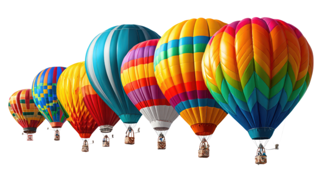 Colorful Ascension: A vibrant spectacle of hot air balloons against a clear sky, embodying the spirit of travel, adventure, and the freedom of flight.