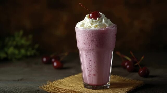 A pink cherry milkshake in a tall glass garnished with whipped cream and a single cherry on top rests on a burlap mat over a dark wooden surface