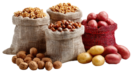 A Colorful Harvest: A bountiful display of fresh, whole foods spills from rustic sacks, showcasing the raw, natural essence of the harvest, and culinary potential.