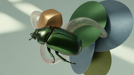 Abstract 3d render of a metallic green beetle surrounded by organic shapes and metallic elements