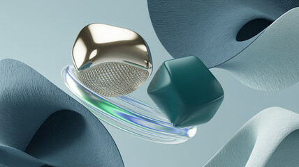 Abstract 3d render of metallic and teal geometric shapes on a light blue background