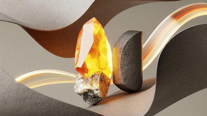 A glowing amber crystal rests beside a dark, textured stone, set against a backdrop of flowing fabric and light