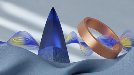 A faceted blue prism stands tall, with a copper ring and abstract blue and yellow waves in the background