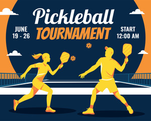 Pickleball tournament. Bright vector illustration of a woman and man with a racket and ball competing on a tennis court. Design with date, time for banners, sports clubs, events, advertising, posters