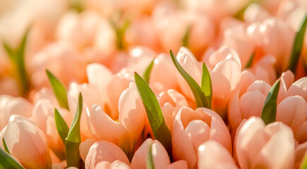 Spring vibes. Macro background of flowers, spring bouquet in apricot shades. Close up of crocuses or tulips. Ai illustration.