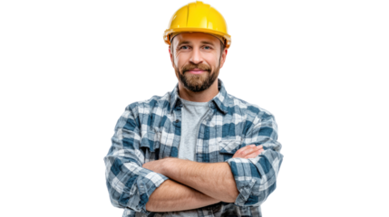 Builder's Confidence: A construction worker in a yellow hard hat and plaid shirt stands with arms crossed, exuding competence and professionalism.