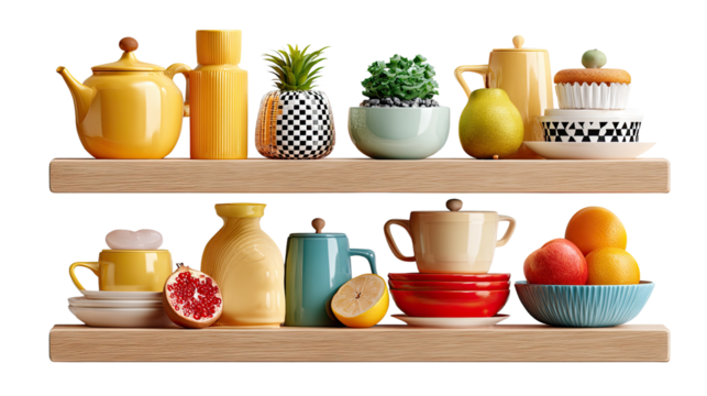 Artistic Shelf Arrangement: A visually appealing display of meticulously curated objects, blending natural elements with charming ceramics and stylish kitchenware, arranged on wooden shelves.