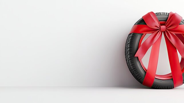 Creatively wrapped car tire with a red ribbon and bow sitting on a clean white background for unique gifting and promotional concepts