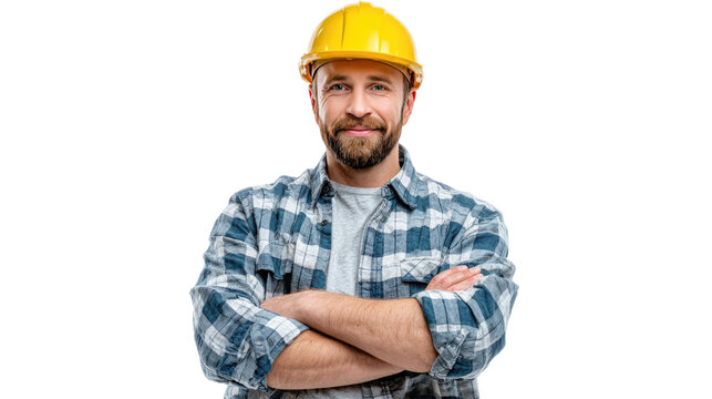Builder's Confidence: A construction worker in a yellow hard hat and plaid shirt stands with arms crossed, exuding competence and professionalism.