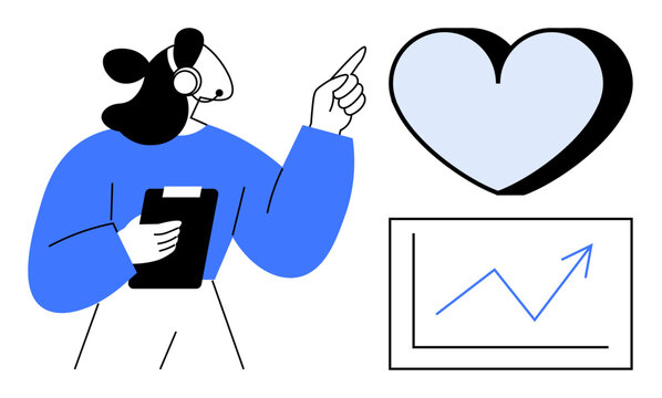 Woman with headset holding clipboard, pointing at heart and graph. Ideal for customer support, care, communication, service quality, success, teamwork motivation. Simple flat metaphor