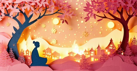Obraz premium Papercraft scene depicts person near trees, village background. Warm colors, snowflakes suggest winter season, peaceful mood.