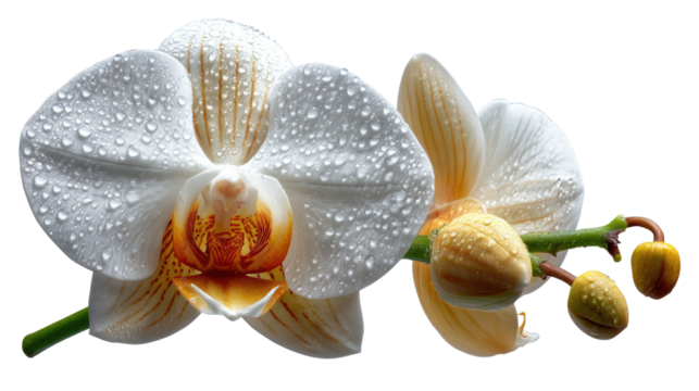 Orchid in Bloom: Pristine orchid blossoms, adorned with glistening droplets, epitomize the delicate beauty of nature.