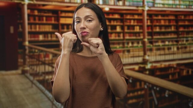 Woman showing thumb gestures toward herself with visible hands in library among bookshelves and wooden railing; self confidence.