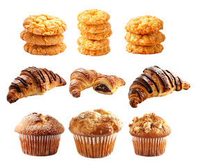 Delicious cookies, chocolate croissants, and muffins arranged in rows, isolated on white background. Concept of bakery and pastry.