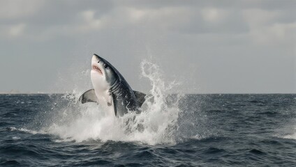 Fototapeta premium Great white shark breaching out of the ocean water, creating a dramatic splash.