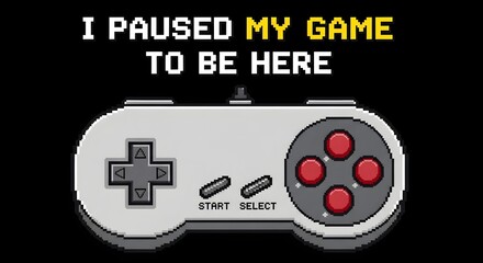 Retro video game controller with pixelated text indicating a paused game on a black background