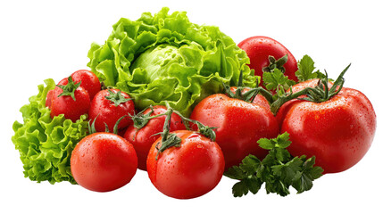 Vibrant Tomato Bounty: A vivid display of ripe, juicy tomatoes alongside fresh green lettuce, celebrating the simple elegance of natural food.