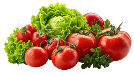 Vibrant Tomato Bounty: A vivid display of ripe, juicy tomatoes alongside fresh green lettuce, celebrating the simple elegance of natural food.