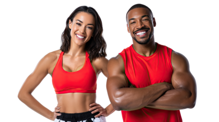 Fitness couple's vibrant smile: a confident and happy athletic couple radiating energy in a dynamic fitness setting. Capturing the essence of health and vitality.
