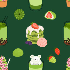 Matcha sweets seamless patterns collection, kawaii matcha drinks, boba cups, matcha latte, macarons, mochi and green tea desserts. Flat vector seamless tiles for fabric, wallpaper, packaging