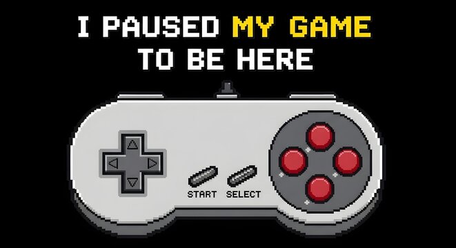 Retro video game controller with pixelated text indicating a paused game on a black background