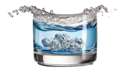 Refreshing Splash: Capturing the crisp essence of refreshment, a clear glass overflows with sparkling water and ice cubes, the moment frozen in a dynamic burst.