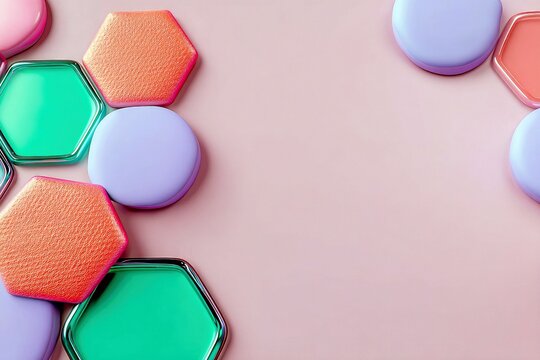 A collection of colorful geometric shapes, including textured orange hexagons and smooth purple circles, are arranged on a light pink surface. - Powered by Adobe
